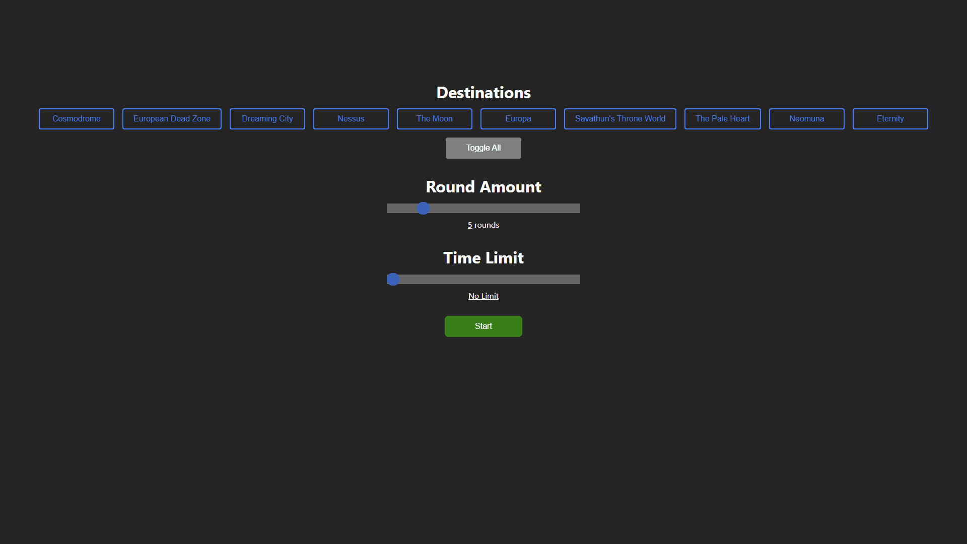 The config page for Destiny Geoguessr which allows users to configure game settings